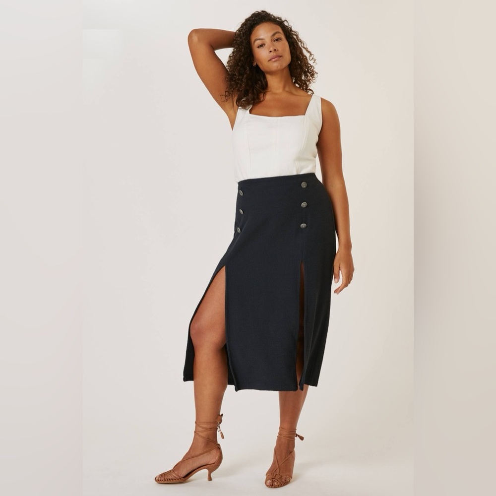 Maeve by Anthropologie Dual Spilt Midi‎ Skirt Navy Work Office Boardroom - Picture 7 of 14